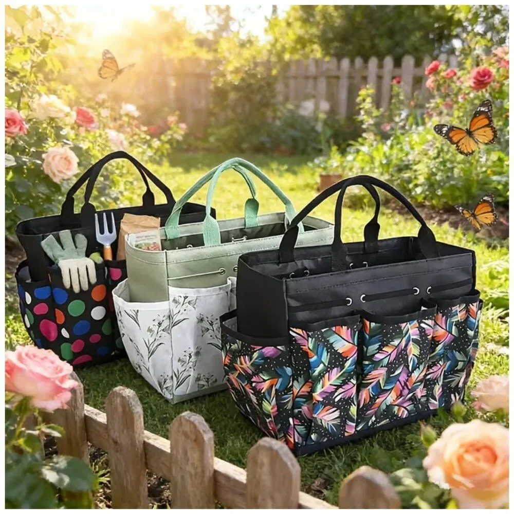 Multi-Color Feather Print Black Tote Bag Home Organizer Multiple Pockets